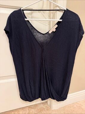 LOFT Navy Faux Wrap Surplice Top XS Short Sleeve Bubble Hem